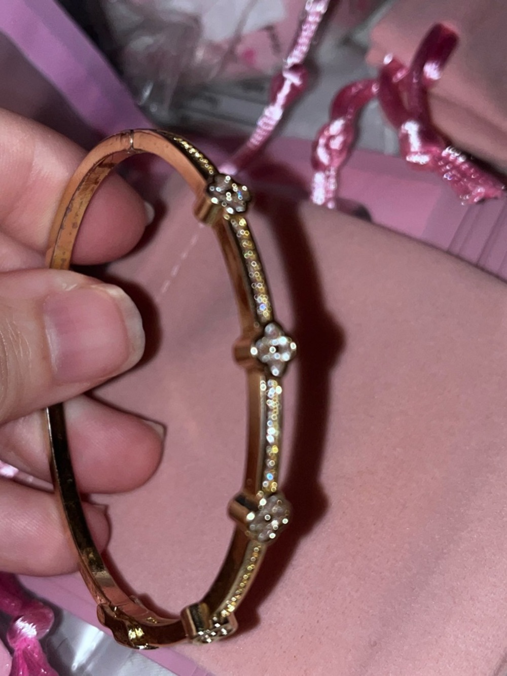 Gold Flower Clover Crystal Bangle Bracelet - Women Jewelry